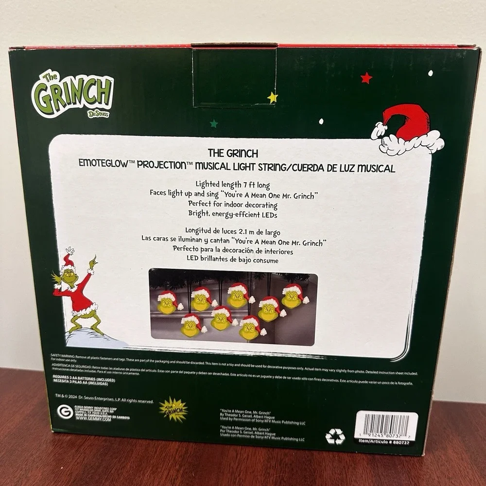 Dr. Seuss The Grinch Musical Light String 8 LED Christmas‎ Holiday Lights NEW